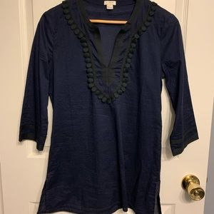 J Crew Semi Sheer Tunic Top, Blue & Black, Size XS
